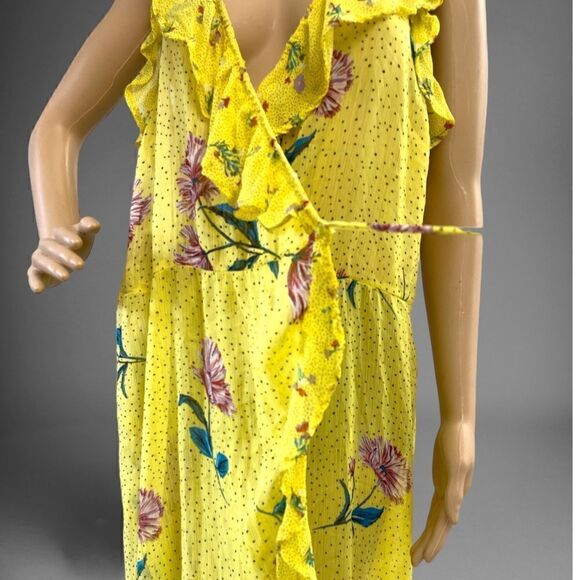 XHILARATION : XL Sleeveless ruffle Surplice neck Faux wrap Hi-low yellow floral - Picture 5 of 7